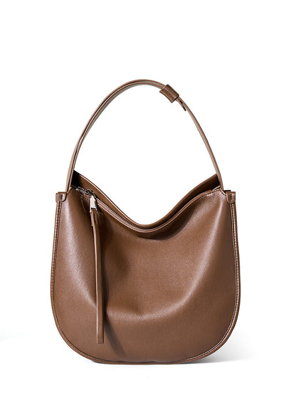 Dark brown leather hobo bag front view on white background