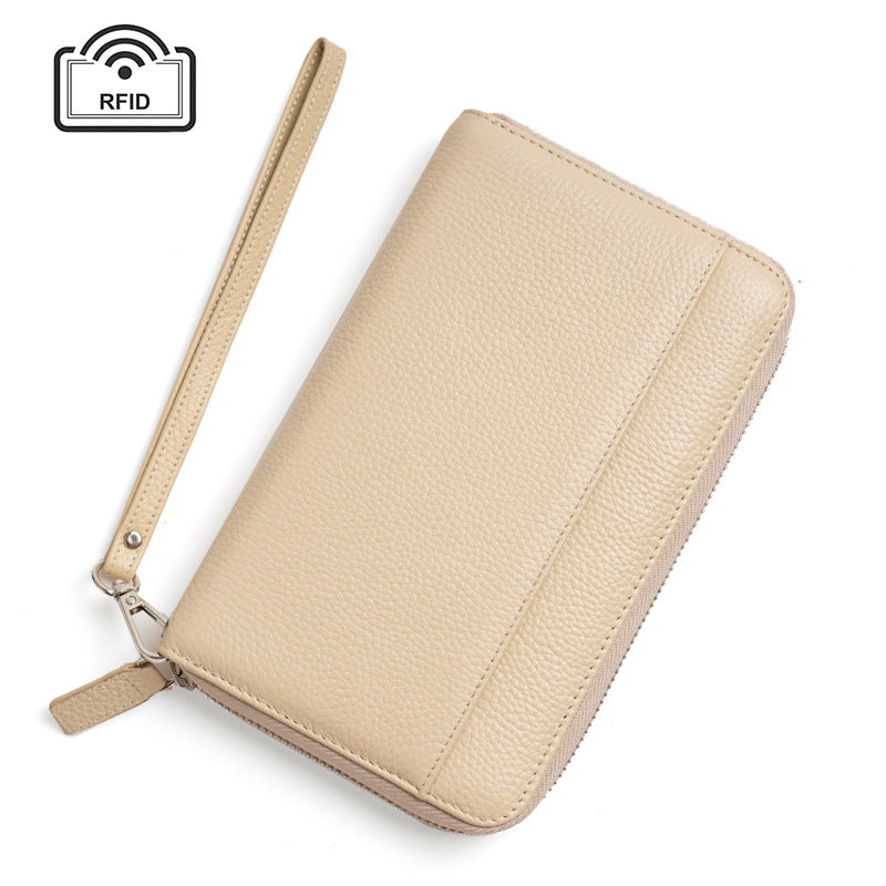 Off white genuine leather RFID wallet with wrist strap