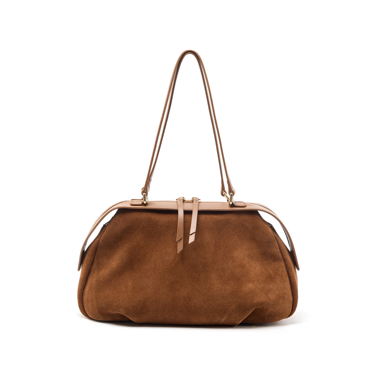 Brown suede cowhide shoulder bag, front view