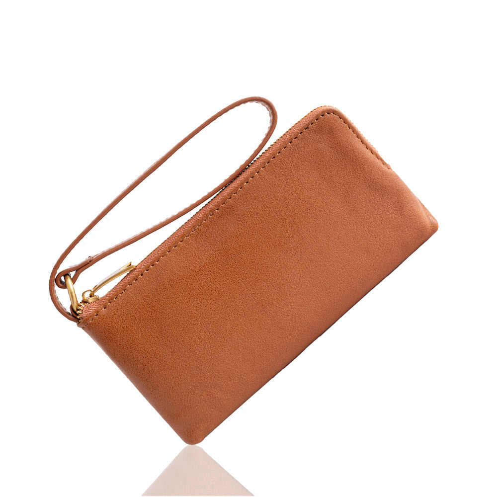 Cowhide Leather Long Wallet with Wrist Strap in Coffee