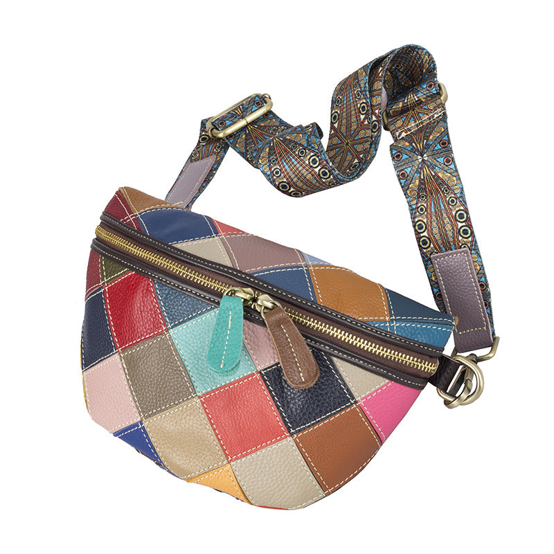 Angled view of shell-shaped patchwork bag with shoulder strap