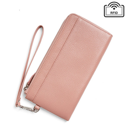 RFID-Blocking Pebbled Cowhide Long Zip Clutch in Light Pink
