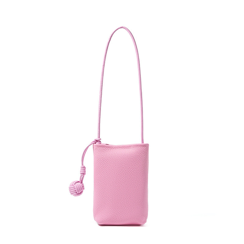 Cowhide Leather Micro Bucket Phone Crossbody Bag in Pink