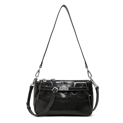 Top-Grain Waxed Leather Shoulder Bag with Adjustable Strap in Black