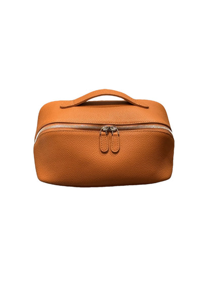 Back view of the textured orange-brown leather pouch