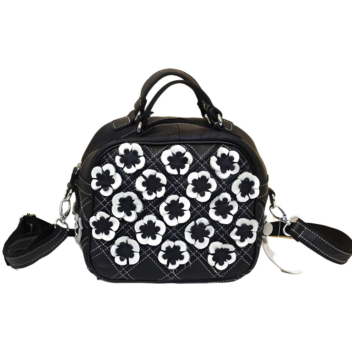 Back view with a zippered exterior pocket and diamond stitching