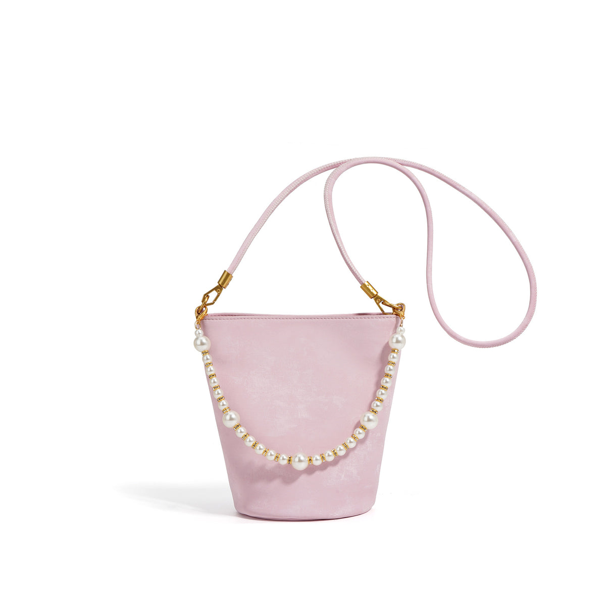 Blush pink split leather mini bucket bag with pearl chain on white background