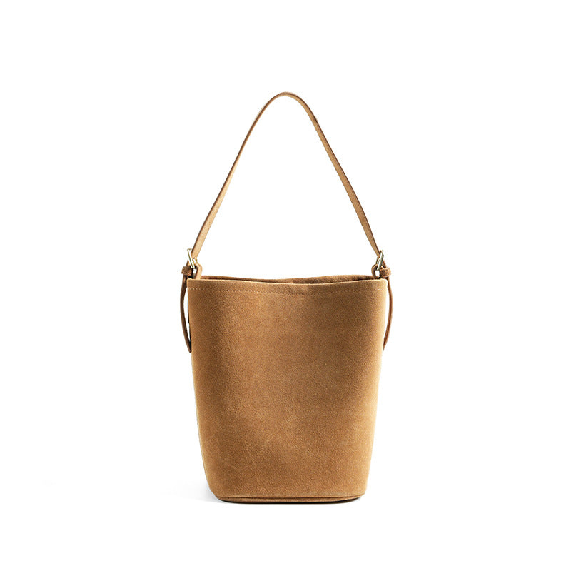 Suede Cowhide Bucket Shoulder Bag in Caramel