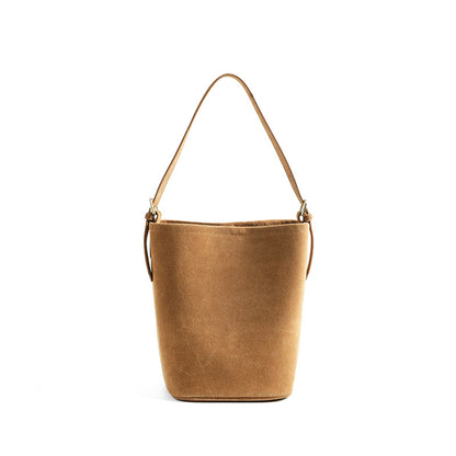 Suede Cowhide Bucket Shoulder Bag in Caramel