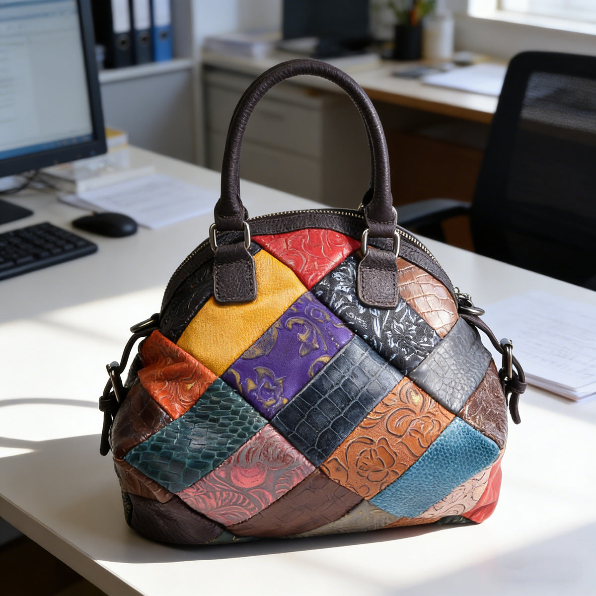 Multicolor embossed cowhide patchwork bag with top handles on a desk