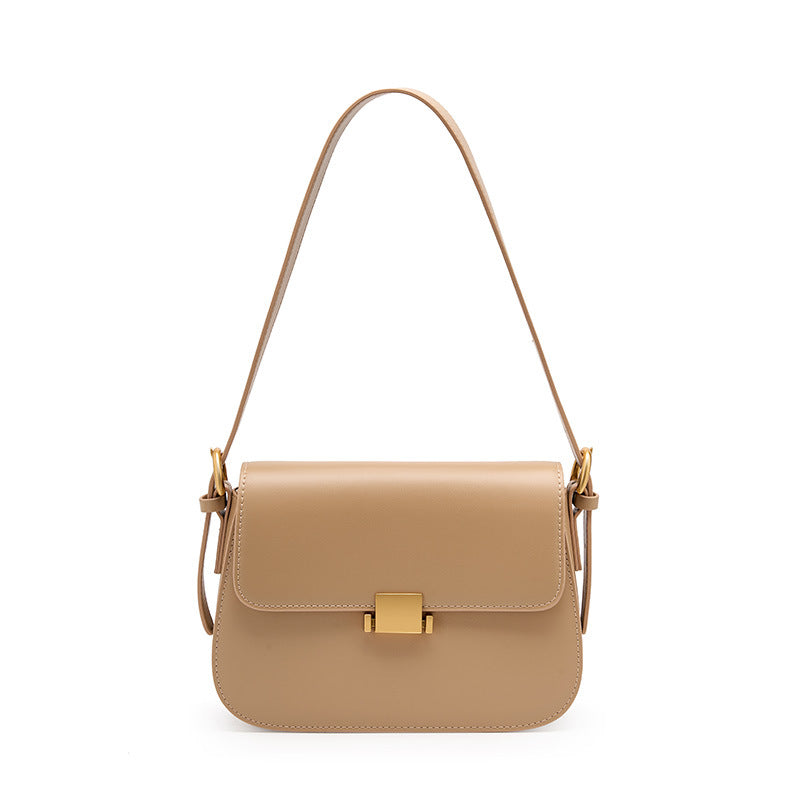 Apricot cowhide leather mini shoulder bag with gold-tone turn-lock, front view