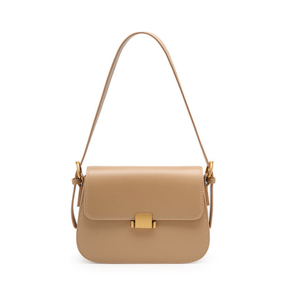 Apricot cowhide leather mini shoulder bag with gold-tone turn-lock, front view