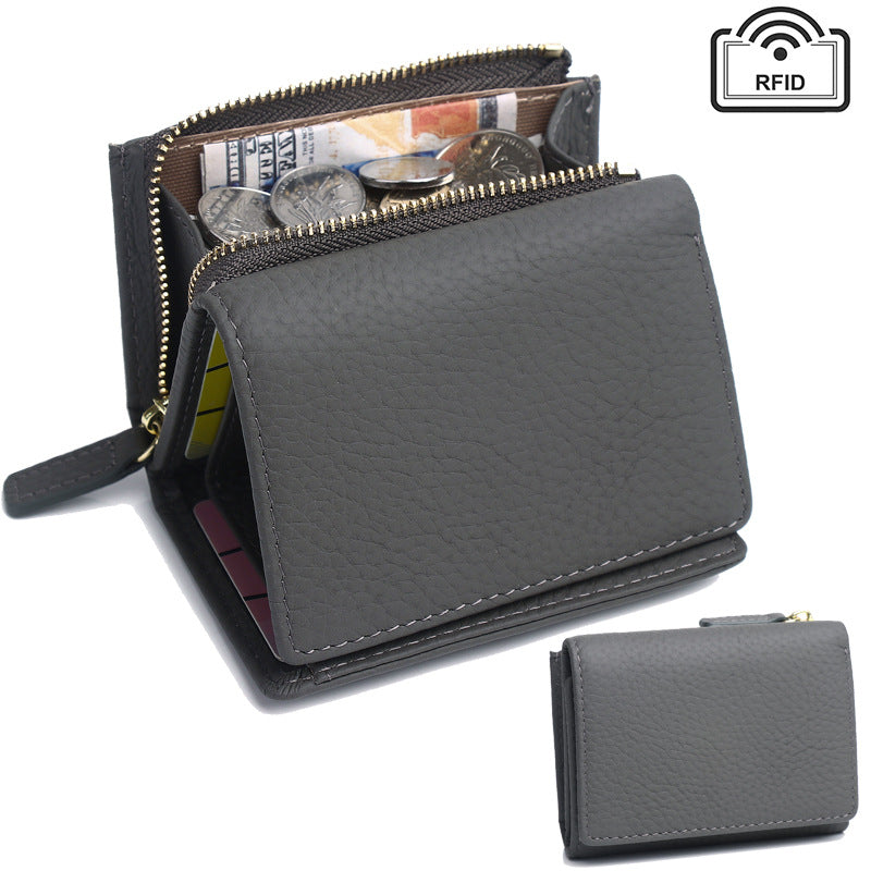 Genuine Leather RFID Small Wallet with Coin Pocket in Dark Grey