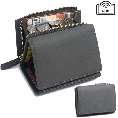 Genuine Leather RFID Small Wallet with Coin Pocket in Dark Grey