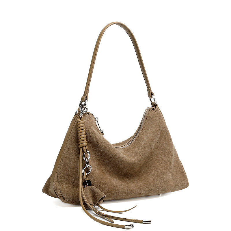 Gray nubuck leather shoulder tote with braided strap wrap