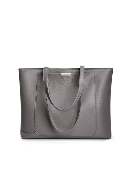 Dark gray pebbled leather tote displayed flat against a white background