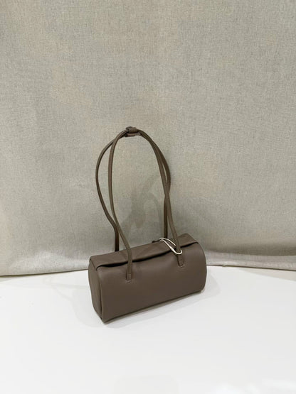 Elephant gray leather shoulder bag with long paired straps