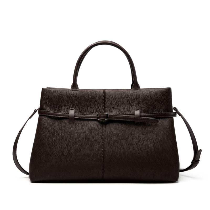 Coffee brown pebbled cowhide leather tote bag with adjustable shoulder strap