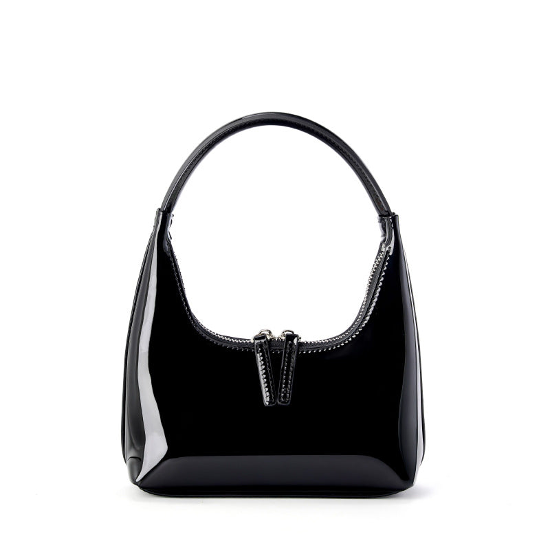 Black patent cowhide mini top-handle hobo bag, front view