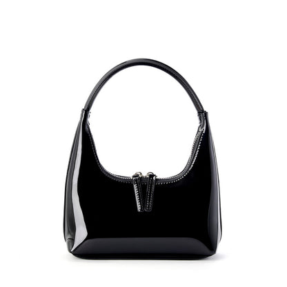 Black patent cowhide mini top-handle hobo bag, front view