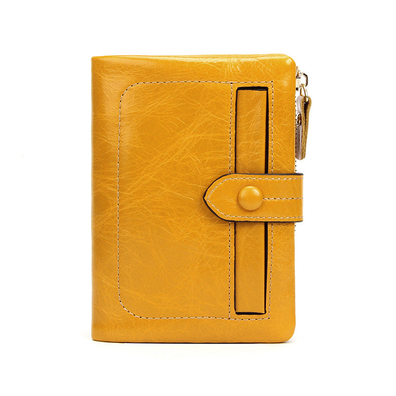 Cowhide Leather Short Wallet 12 Card Slots Zip Coin in Yellow