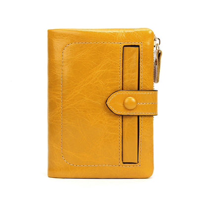 Cowhide Leather Short Wallet 12 Card Slots Zip Coin in Yellow
