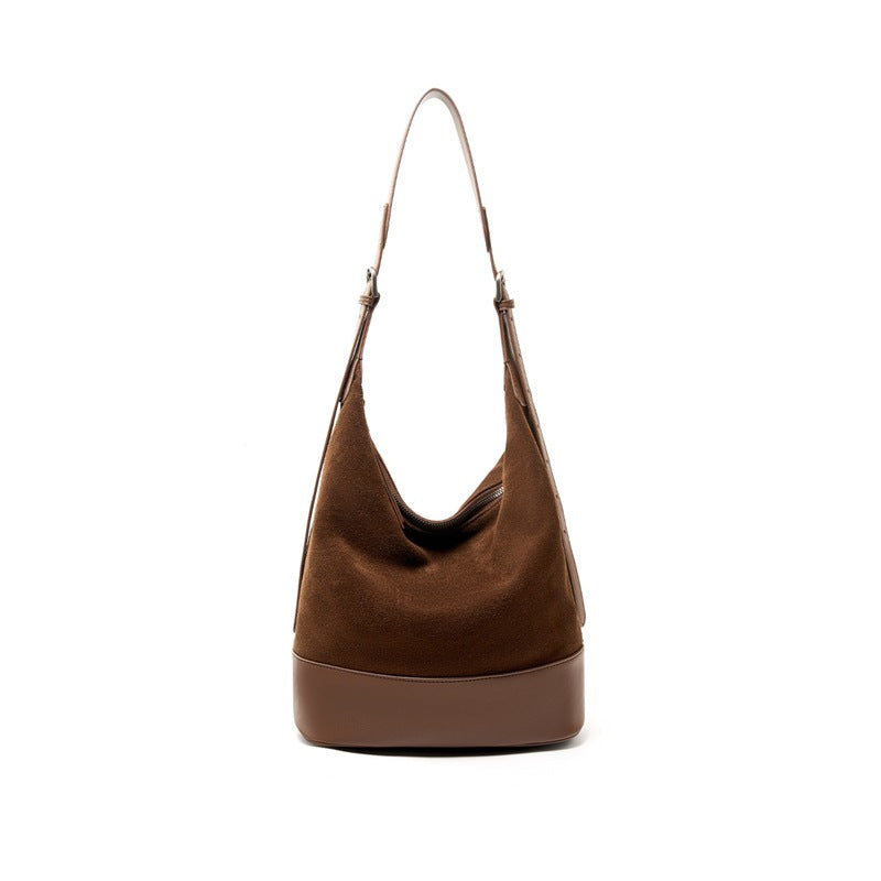 Coffee brushed suede bucket shoulder bag with leather base
