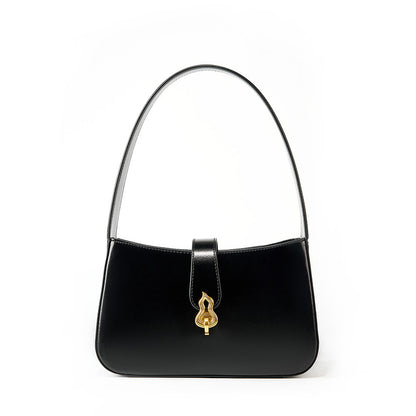 Black cowhide leather shoulder bag with gourd lock clasp on white background