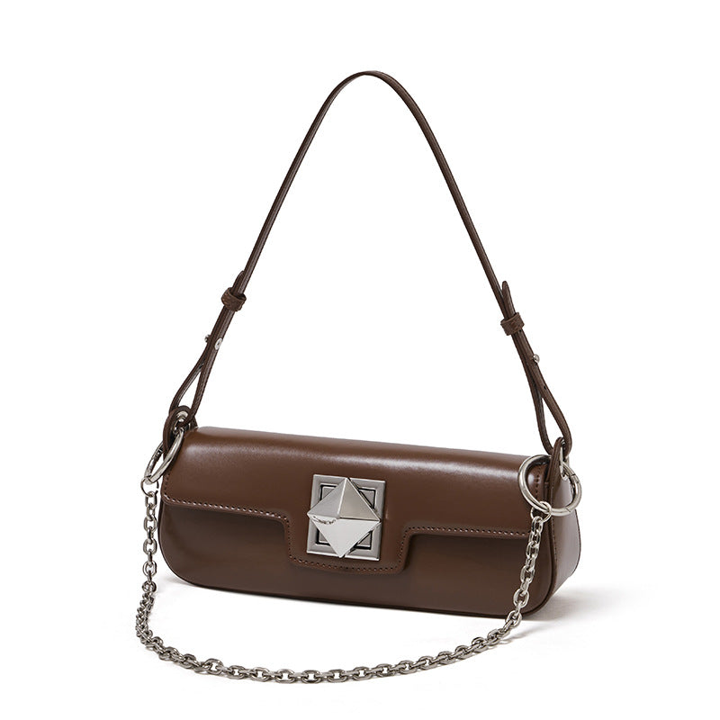 Leather Baguette Shoulder Bag in Caramel