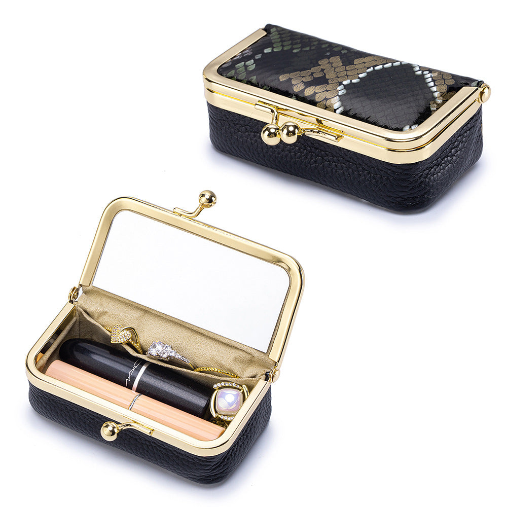 Top-Grain Cowhide Lipstick and Jewelry Pouch with Mirror in Coffee Green
