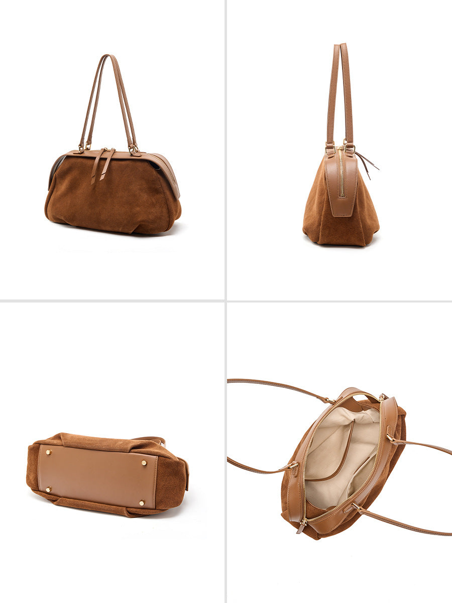Brown shoulder bag shown from the back