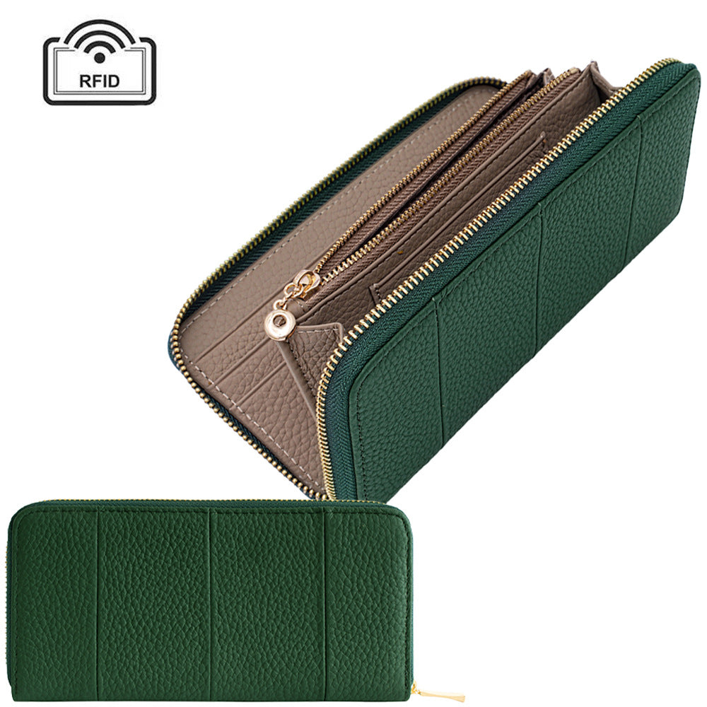 Open dark green cowhide zip-around wallet with card slots and RFID blocking icon