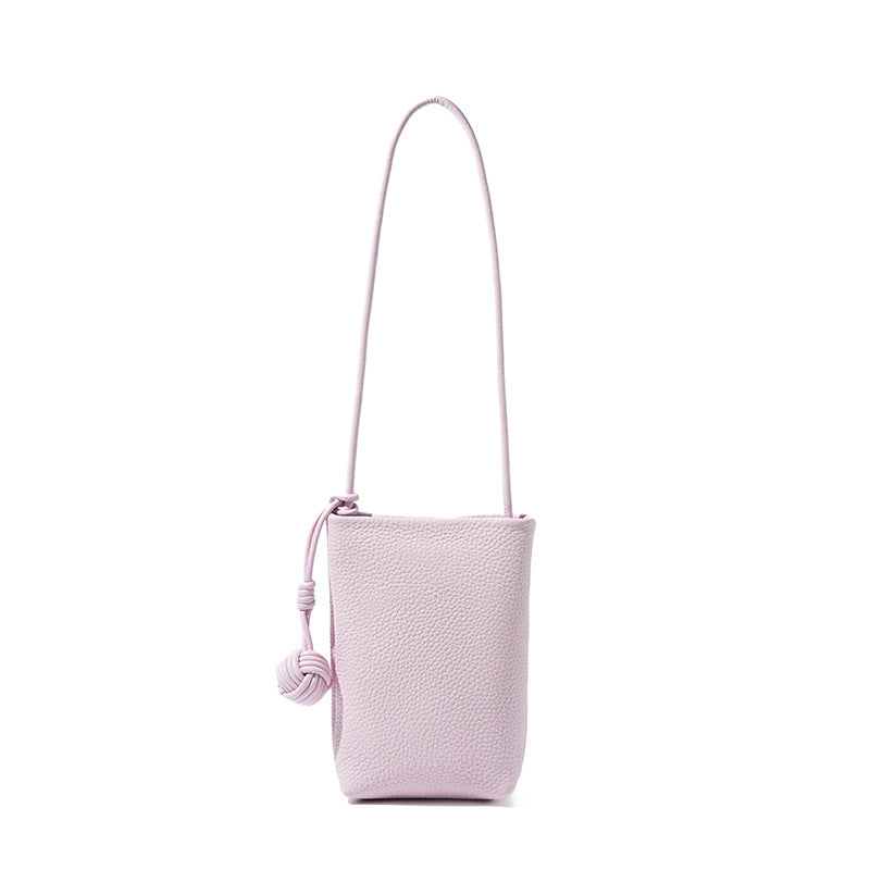 Cowhide Leather Micro Bucket Phone Crossbody Bag in Light Pink Purple