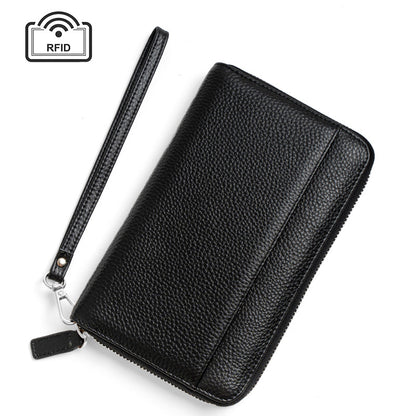 Black pebbled leather RFID wallet with wrist strap