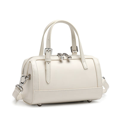Off-white cowhide leather mini Boston bowling bag on white background