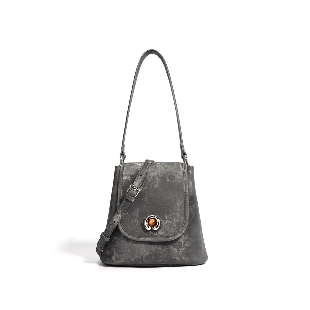 Pewter gray split leather bucket bag with magnetic flap front view