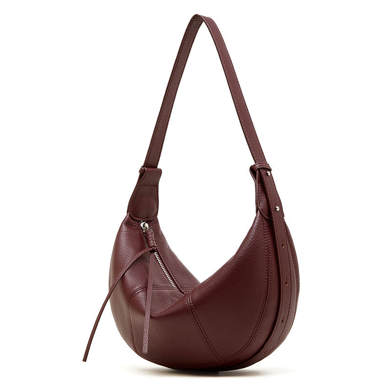 Cowhide Leather Crescent Hobo Crossbody Bag in Wine Red