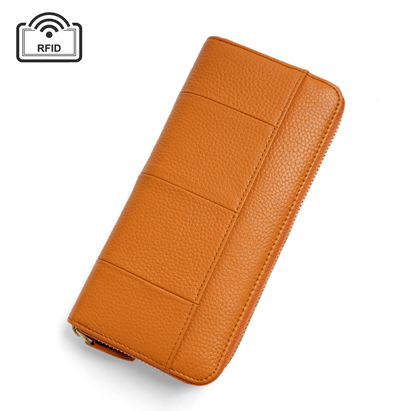 Orange leather wallet with front stitch pattern