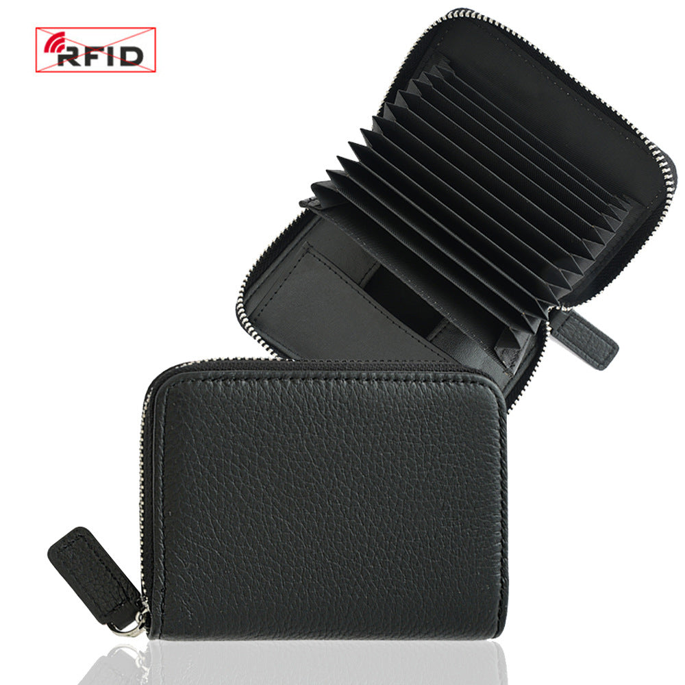 Top-Grain Cowhide Zip Wallet with RFID-Blocking Card Slots in Black