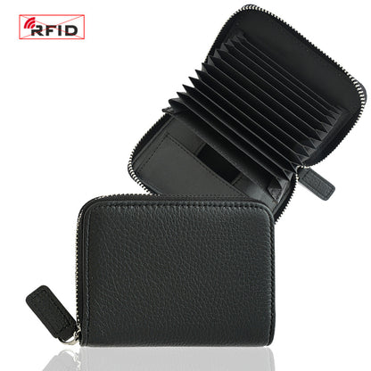Top-Grain Cowhide Zip Wallet with RFID-Blocking Card Slots in Black
