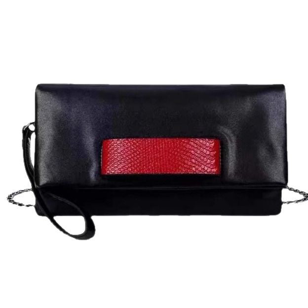 Black envelope clutch shown with its chain and shoulder strap