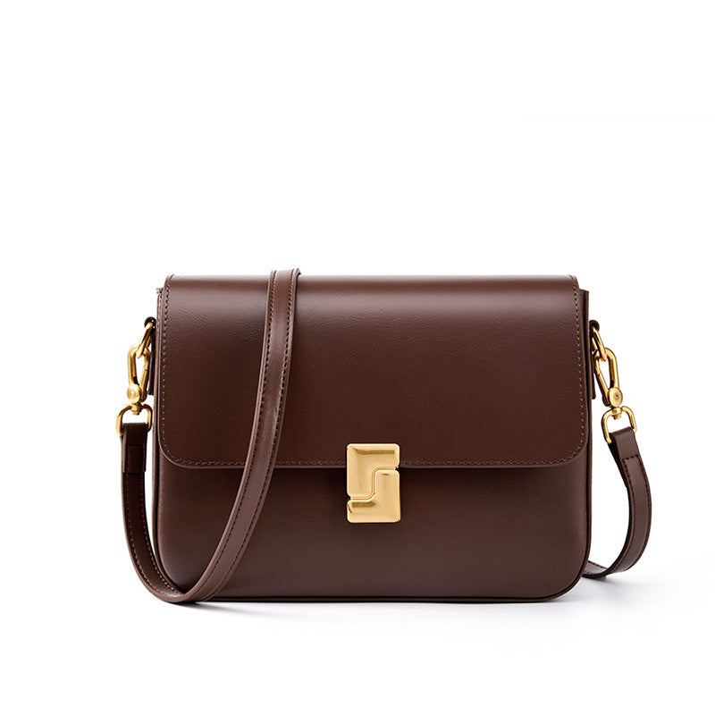 Coffee brown cowhide leather crossbody bag with gold-tone turn-lock clasp