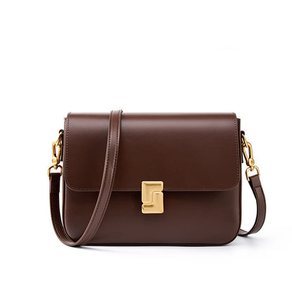 Coffee brown cowhide leather crossbody bag with gold-tone turn-lock clasp