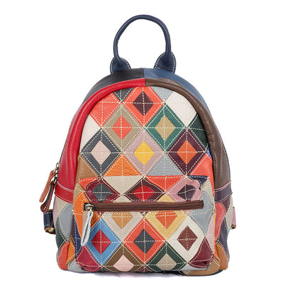 Front view of geometric multicolor leather backpack with zip pocket