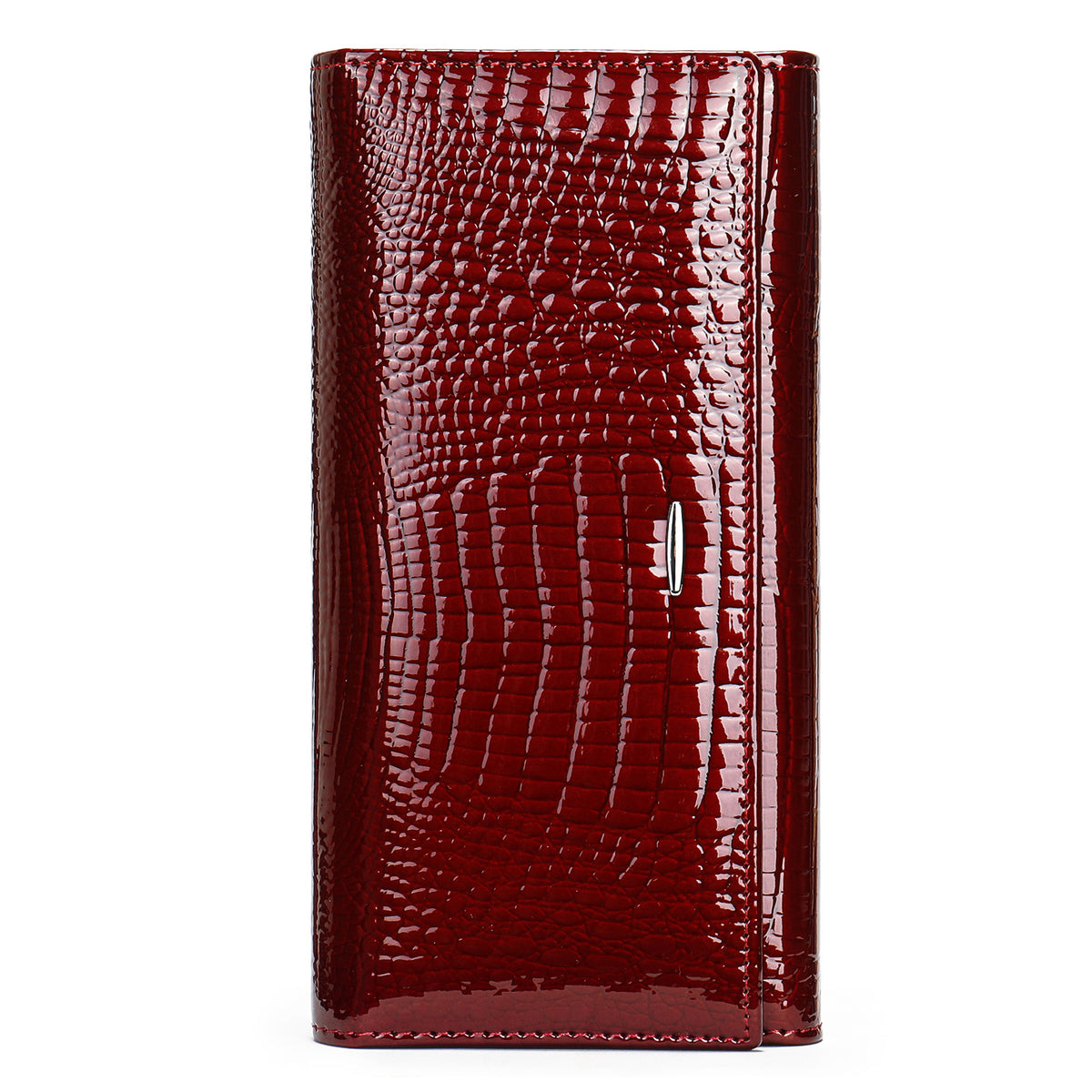 Burgundy textured cowhide wallet shown closed against a white background