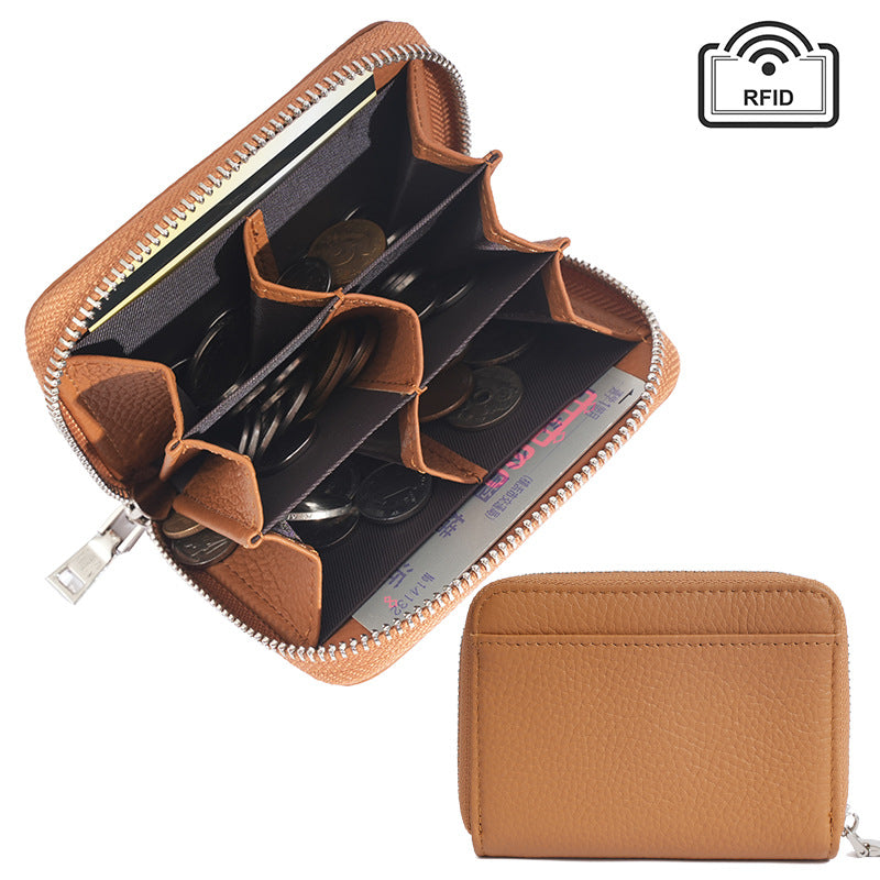 Leather Coin Wallet RFID 6 Pockets 4 Slots in Coffee