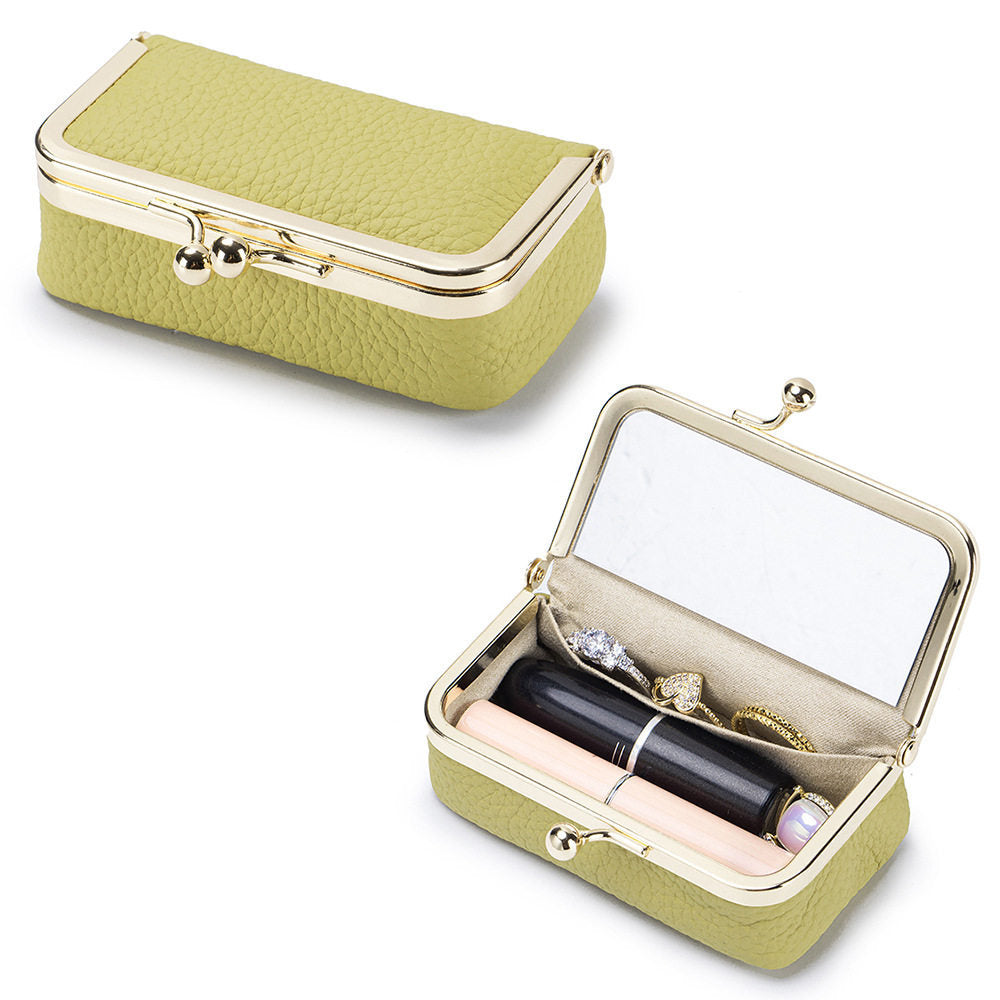Top-Grain Cowhide Lipstick and Jewelry Pouch with Mirror in Lemon Yellow