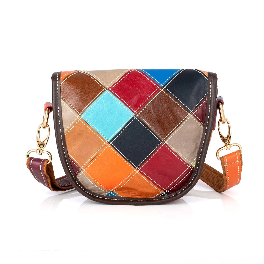 Colorful patchwork crossbody bag with contrasting strap