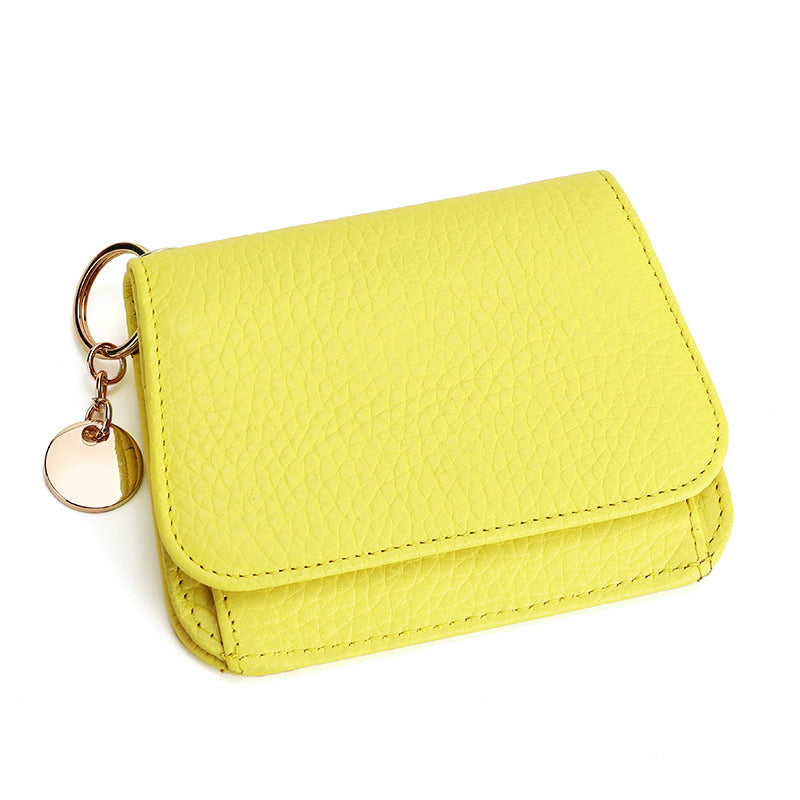 Lemon yellow leather mini wallet with rose gold keyring charm