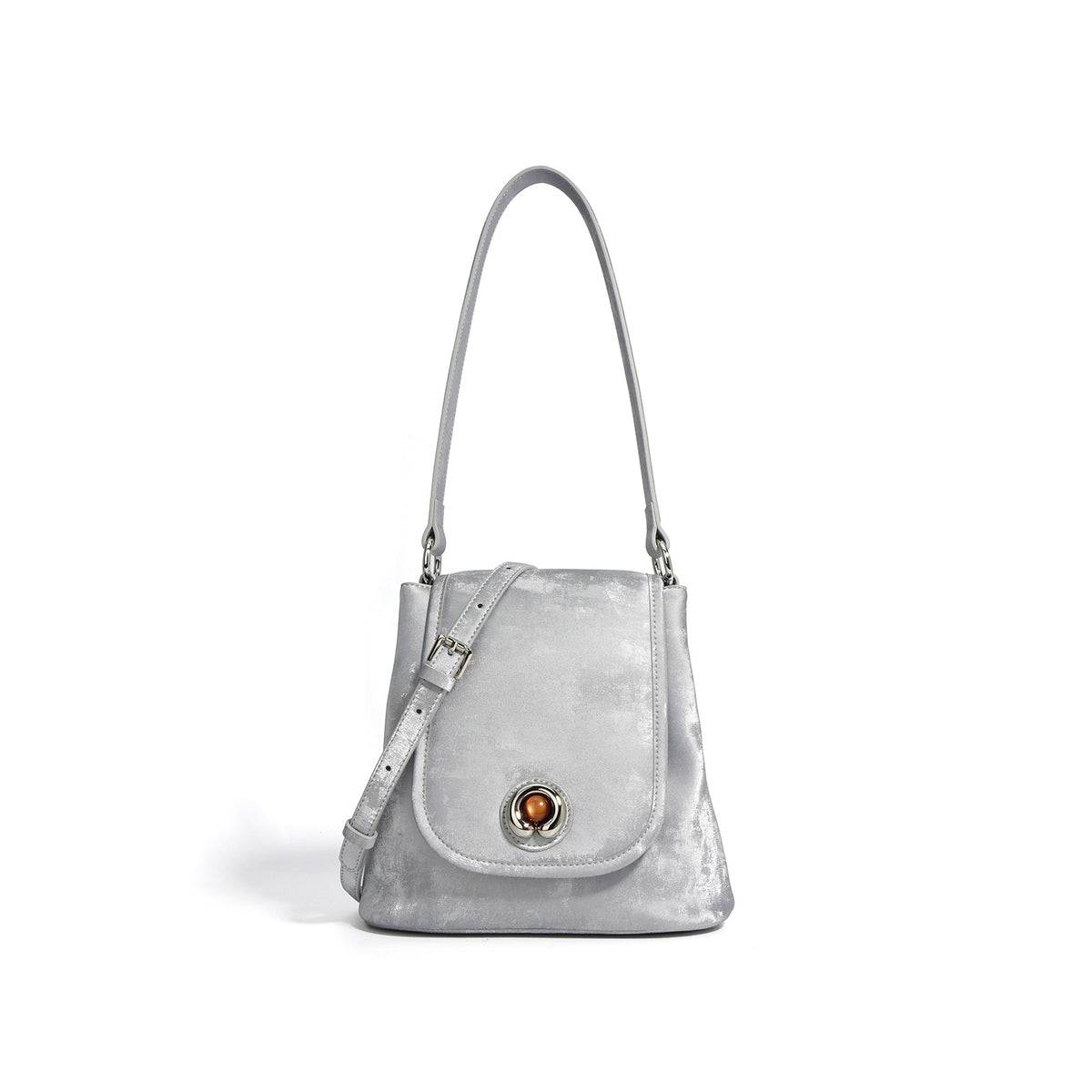 Silver gray split leather bucket bag with magnetic flap front view